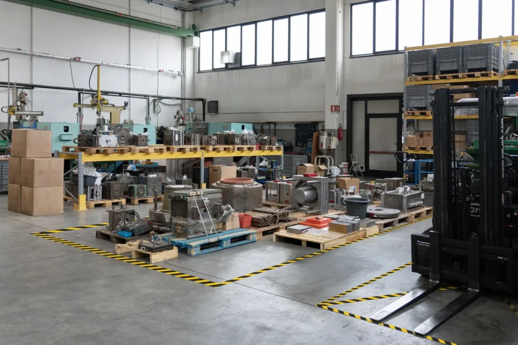 Veduta d'insieme del reparto Fortuna Stampi con stampi per iniezione su bancali e carrello elevatore