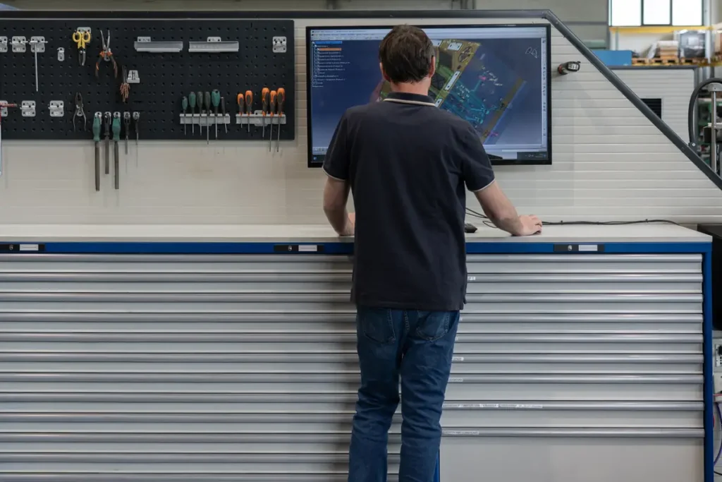 Tecnico consulta il modello CAD dello stampo al banco di lavoro